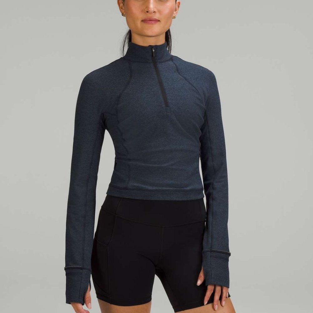 Lululemon Its Rulu Run Cropped Half Zip Heathered True Navy / Black